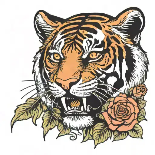 tiger face with a skull in its mouth and roses around it  tattoo design idea