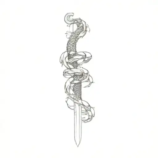 a samurai sword wrapped loosely intertwined snakes moving tattoo design idea