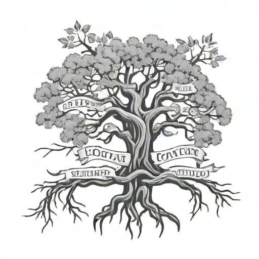 tree with roots and names carved into it. from roots up in this order carve: Mom, Dad, Brian, Stacy, Abby, Max, Cooper tattoo design idea