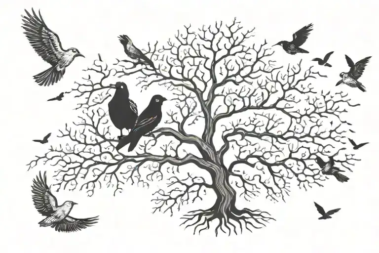 6 trees are leafless for winter and center tree is evergreen. roots and foliage showing. 11 birds flying out. tattoo design idea