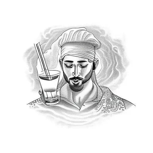 A bartender serving drinks to gods in a magical landscape tattoo design idea