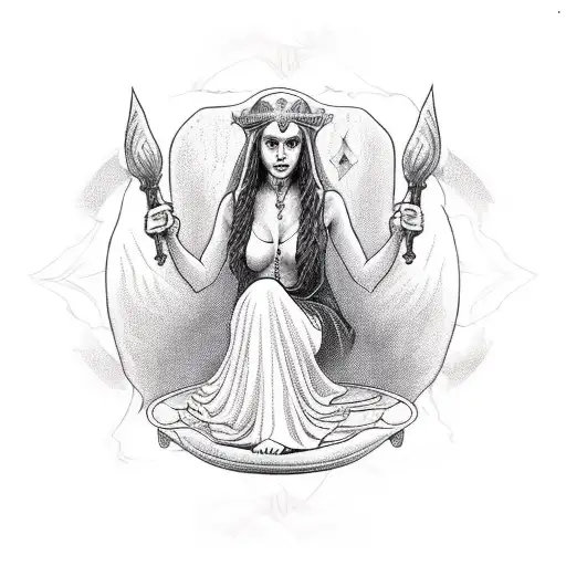the sorceress Circe sitting on a throne in an island tattoo design idea