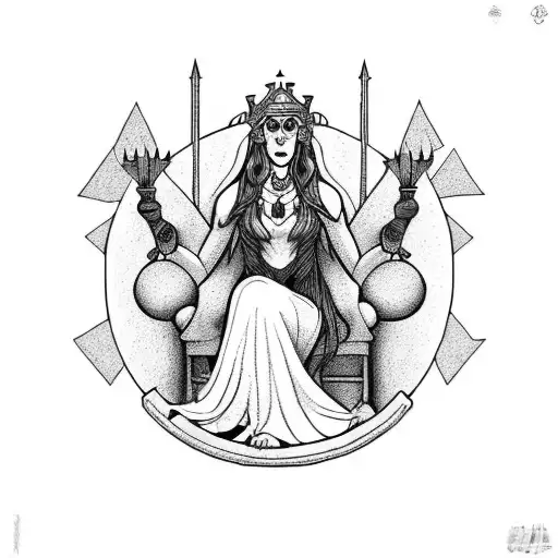 the sorceress Circe sitting on a throne in an island tattoo design idea
