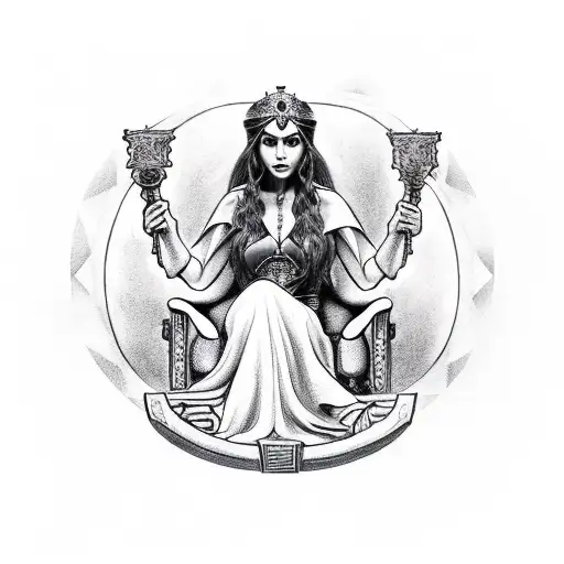 the sorceress Circe sitting on a throne in an island tattoo design idea