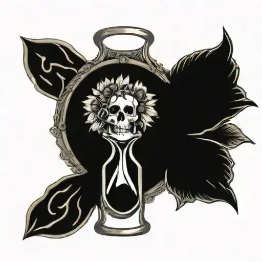skull hourglass with sunflower growing tattoo design idea