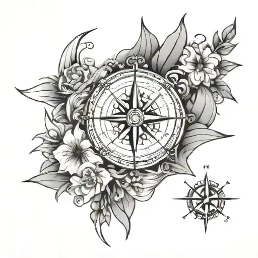 compass rose i n 3D flowers and waves crashing tattoo design idea