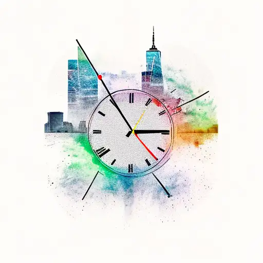 broken clock with NYC skyline tattoo design idea