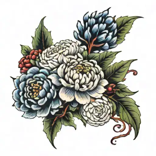 chrysanthemum and peony and Holly bouquet tattoo design idea