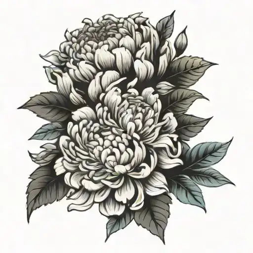 chrysanthemum and peony and Holly bouquet tattoo design idea