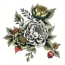 chrysanthemum and peony and Holly bouquet tattoo design idea
