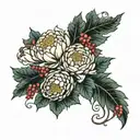chrysanthemum and peony and Holly bouquet tattoo design idea