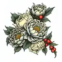 chrysanthemum and peony and Holly bouquet tattoo design idea