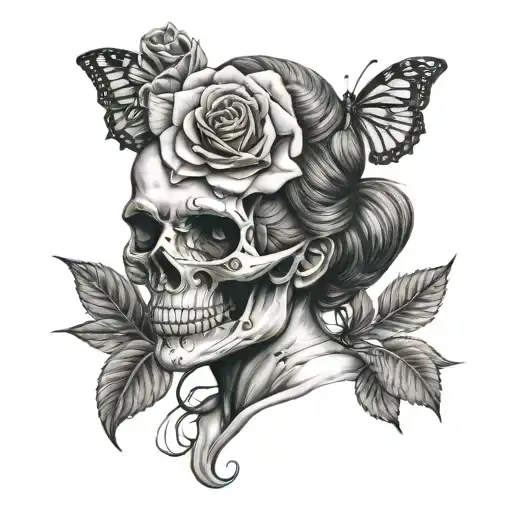 Half woman half skull face holding a rose tattoo tattoo design idea