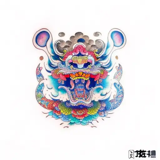 Chinese foo dog smiling colorful tattoo design idea