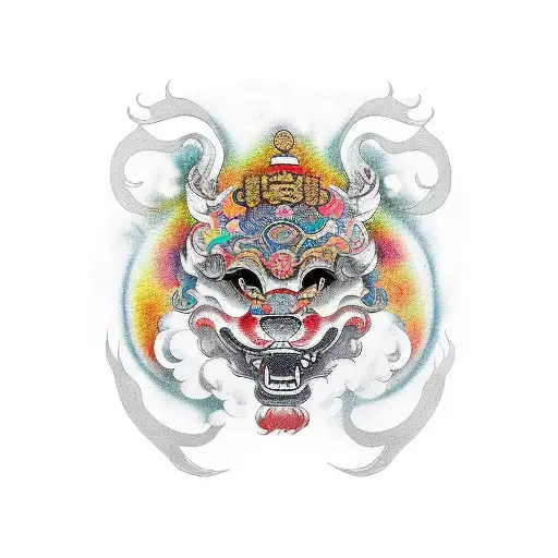 Chinese foo dog smiling colorful tattoo design idea