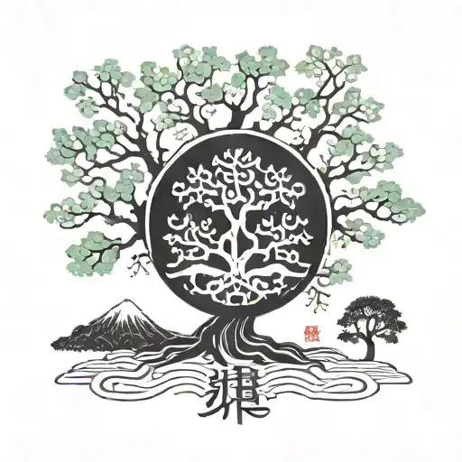traditional korean tree with korean words next to it for chest  tattoo design idea