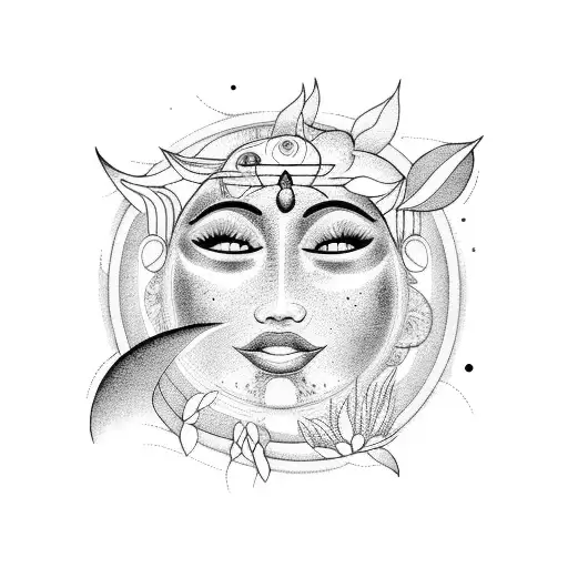 A facial esthetician surrounded by tropical plants and flowers, with a sun and moon symbolizing balance tattoo design idea