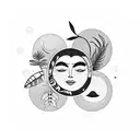 A facial esthetician surrounded by tropical plants and flowers, with a sun and moon symbolizing balance tattoo design idea