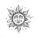 A facial esthetician surrounded by tropical plants and flowers, with a sun and moon symbolizing balance tattoo design idea