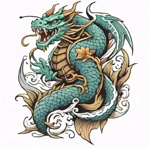 estilo yakusa, dragon samurai warrior pez koi fish transforming tattoo design idea