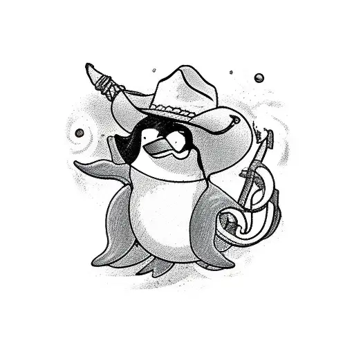 cartoon penguin holding a lasso and wearing a cowboy hat riding a dolphin tattoo design idea