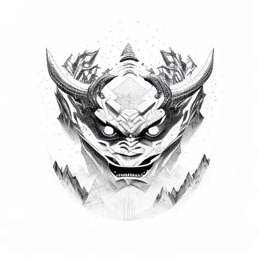 demon face, mountains, forest, snow tattoo design idea