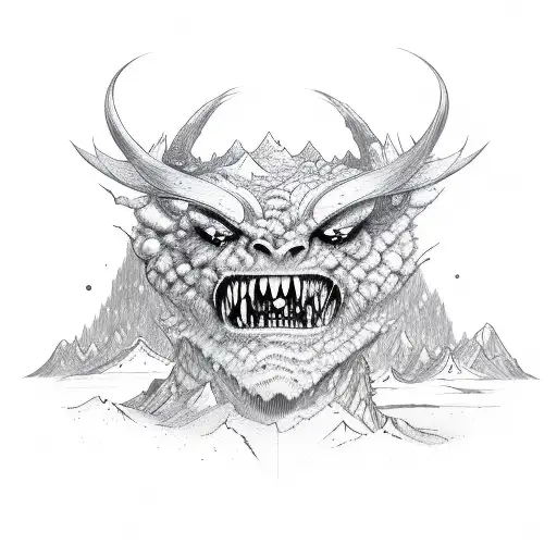 smaile demon face, mountains, forest, snow,  tattoo design idea