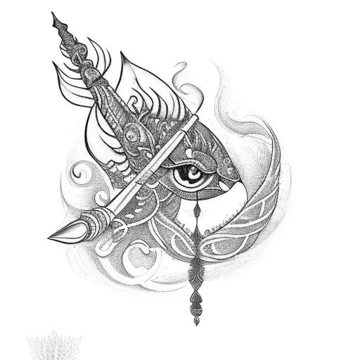 trishula with flute and mor pankh  tattoo design idea