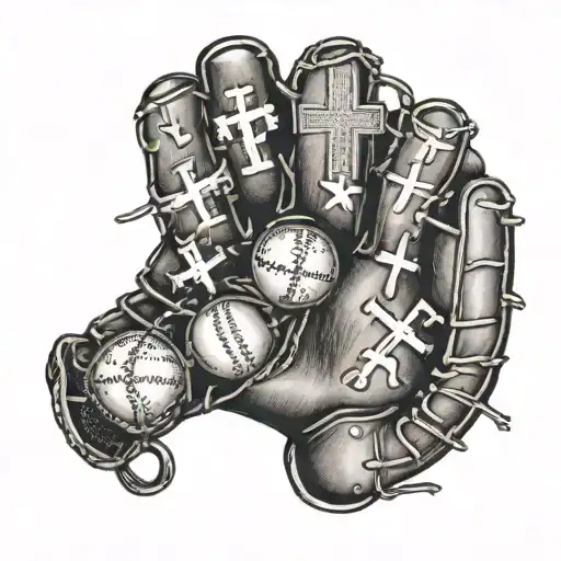 A baseball glove with three crosses on the palm and the names Lenn, Floyd, JACK, Robert, Booker, and Yolanda on the fingers tattoo design idea
