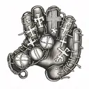 A baseball glove with three crosses on the palm and the names Lenn, Floyd, JACK, Robert, Booker, and Yolanda on the fingers tattoo design idea