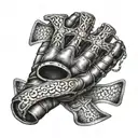 A baseball glove with three crosses on the palm and the names Lenn, Floyd, JACK, Robert, Booker, and Yolanda on the fingers tattoo design idea