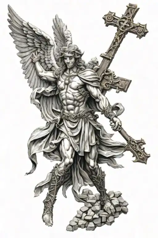 archangel michael holding a cross made of nails fighting demons tattoo design idea