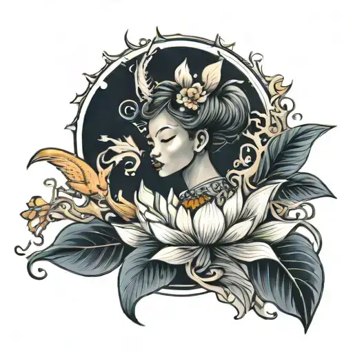 bloomed lotus flower with phoenix flying put of a silhouette black girl  tattoo design idea