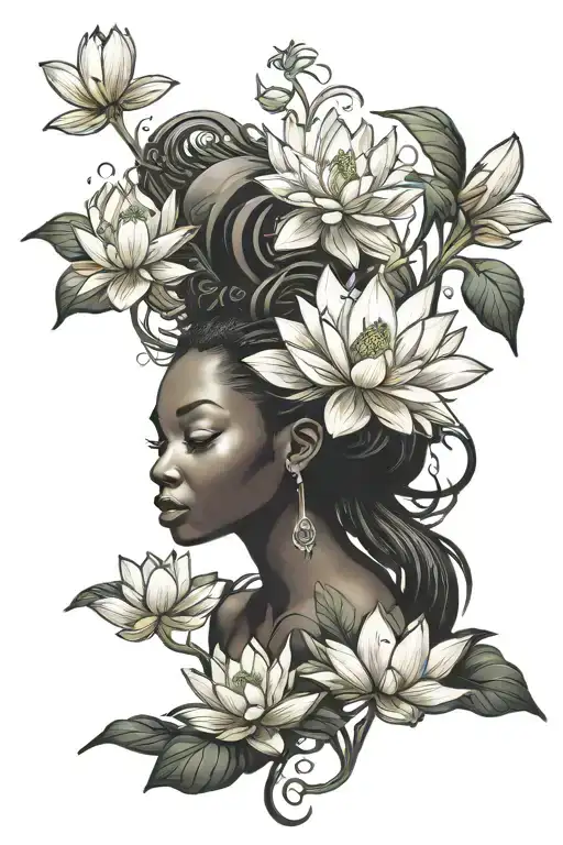 lotus flower above phoenix rising above silhouette black girl tattoo design idea