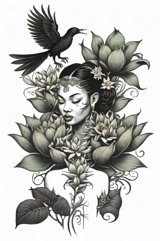bloomed lotus flower with phoenix above a silhouette black girl  tattoo design idea