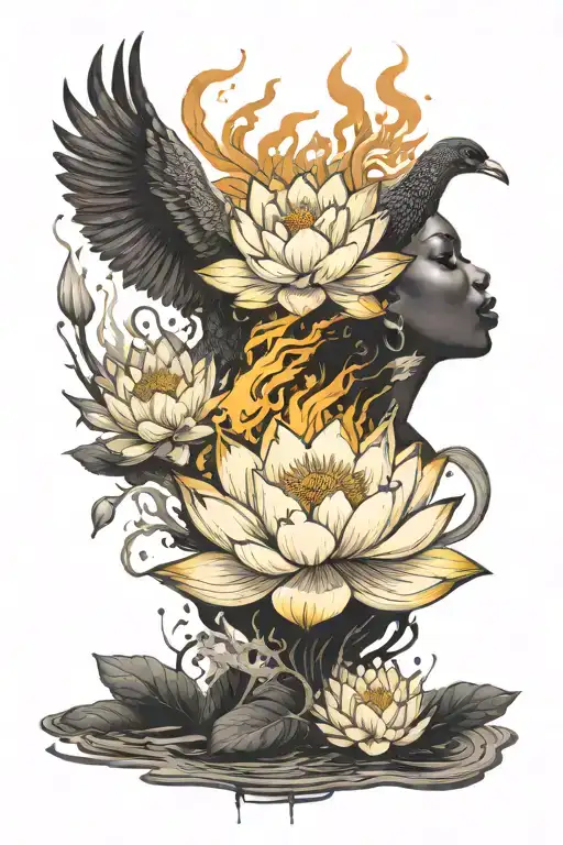 bloomed lotus flower with phoenix rising from ashes of a silhouette black girl  tattoo design idea