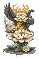 bloomed lotus flower with phoenix rising from ashes of a silhouette black girl  tattoo design idea