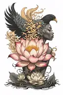 bloomed lotus flower with phoenix rising from ashes of a silhouette black girl  tattoo design idea