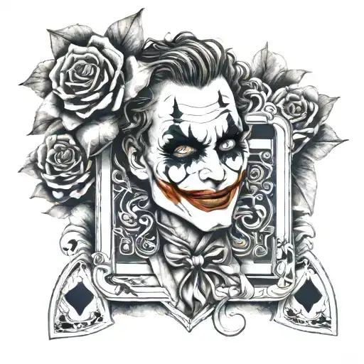 joker holding ace of spades cards infused in rose flowers  tattoo design idea