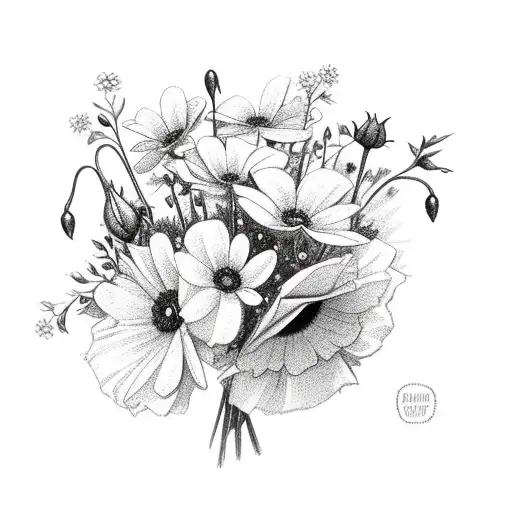 bouquet of flowers with a rose, poppy, edelweiss, forget-me-not, Daisy and frangipani  tattoo design idea