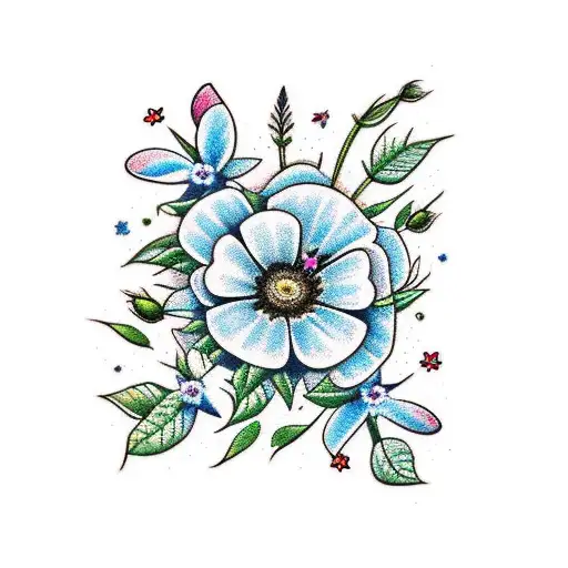bunch of rose, poppy, edelweiss, forget-me-not, Daisy and frangipani  tattoo design idea