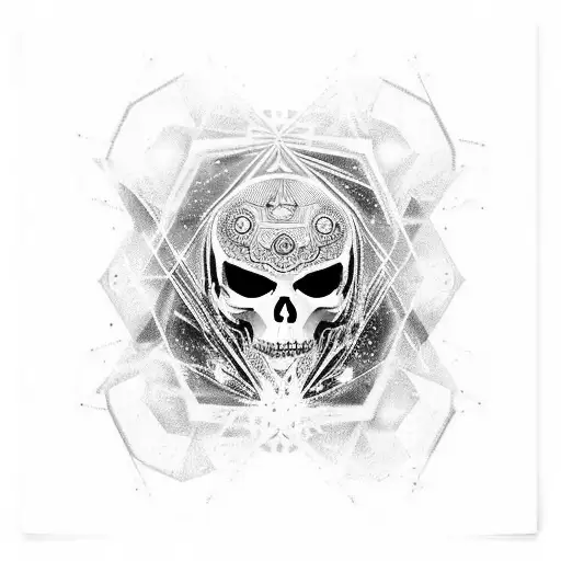 Uma caveira futurista em estilo geométrico, com linhas dinâmicas e formas abstratas, representando a energia da rave. tattoo design idea