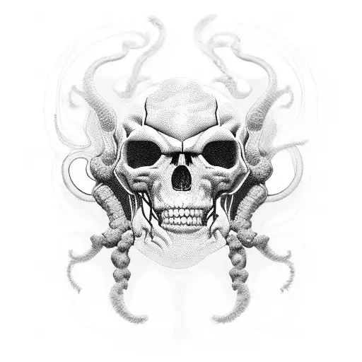 Um desenho de uma caveira com detalhes em estilo dotwork, rodeada por linhas geométricas e elementos futuristas, representando a energia e a intensidade das raves. tattoo design idea