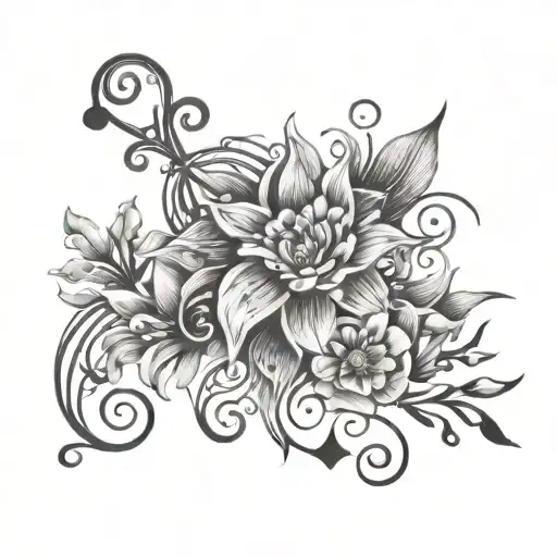 music notes, ocean waves, stars, galaxy, hawthorn flower, aster flower, intertwined tattoo design idea