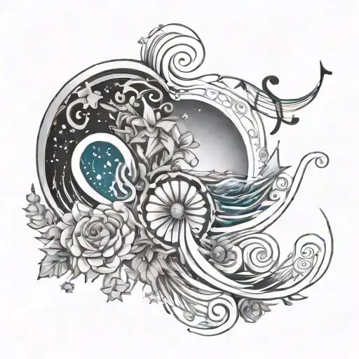 ocean waves, stars, galaxy, hawthorn flower, aster flower, music, sky, celestial, music notes floating  tattoo design idea