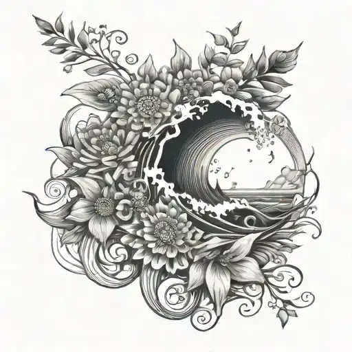 ocean waves crashing, stars, galaxy, hawthorn flower, aster flower, music, sky, beach, celestial,  tattoo design idea