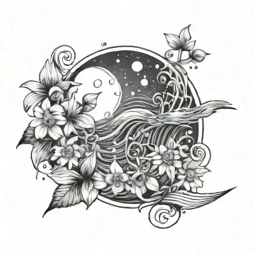 music notes, ocean waves crashing, stars, galaxy, hawthorn flower, aster flower, music, sky, beach, celestial, moon tattoo design idea
