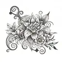 music notes, ocean waves, stars, galaxy, hawthorn flower, aster flower, intertwined tattoo design idea