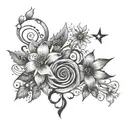 music notes, ocean waves, stars, galaxy, hawthorn flower, aster flower, intertwined tattoo design idea