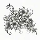 music notes, ocean waves, stars, galaxy, hawthorn flower, aster flower, intertwined tattoo design idea
